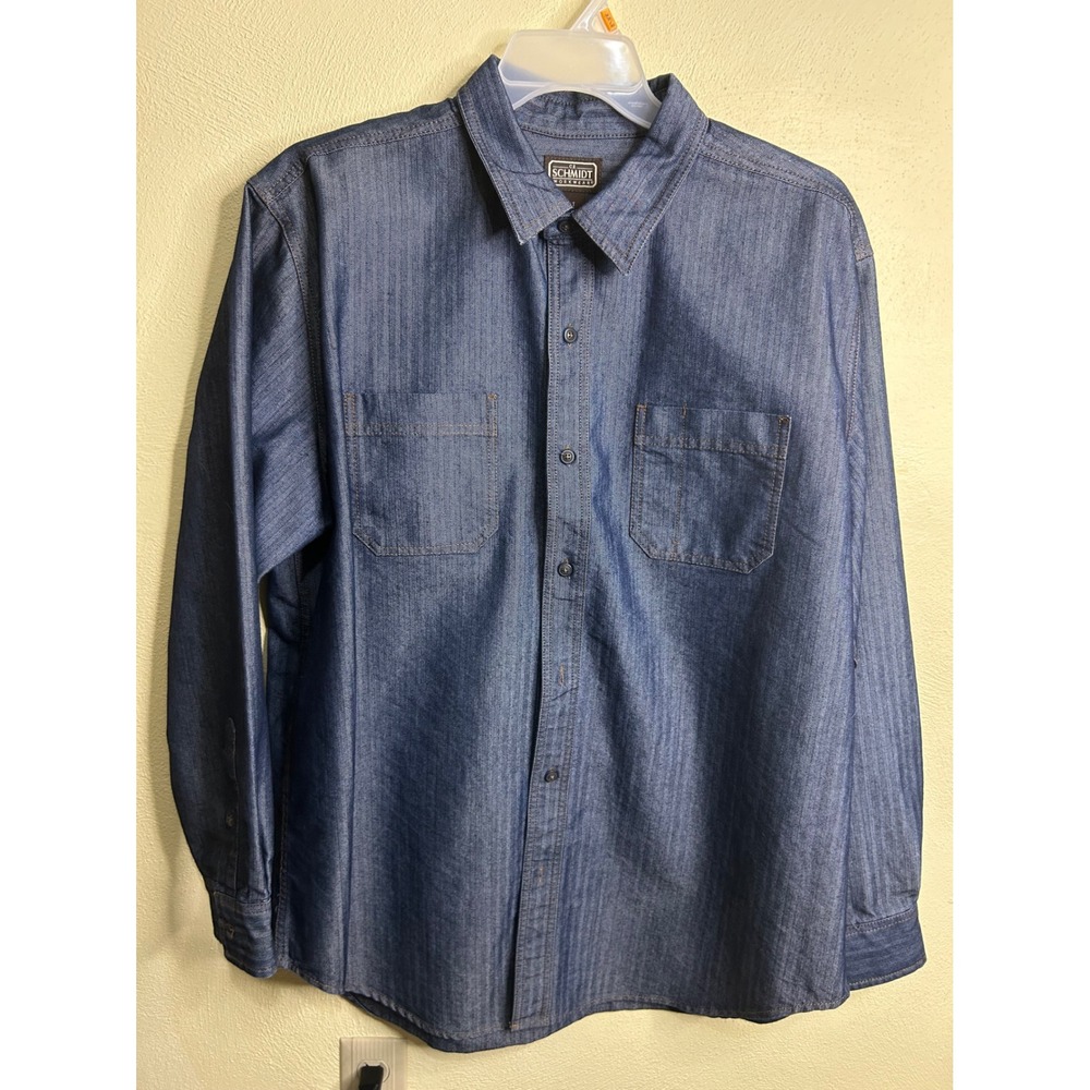 CE Schmidt Workwear Mens XLT Blue Herringbone Button Down‎ Shirt Long Sleeve